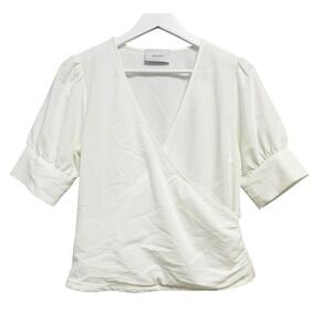 Neo Noir Shirt Womens Medium White Isa Blouse Wrap V-Neck Puff Sleeve Side Zip